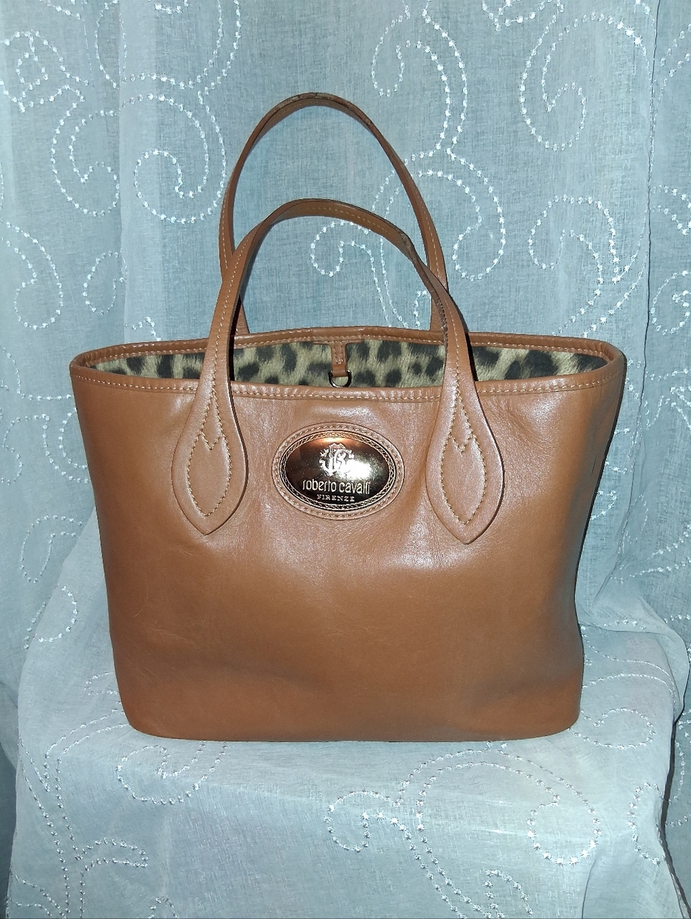 Roberto Cavalli Firenze Brown Leather Tote Bag with Leopard Lining